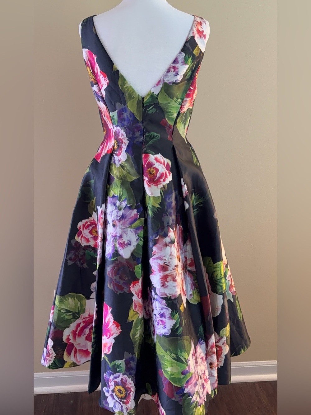 Adrianna Papell Black Dress with Pink, Green & Purple Floral Accents - Picture 3 of 7